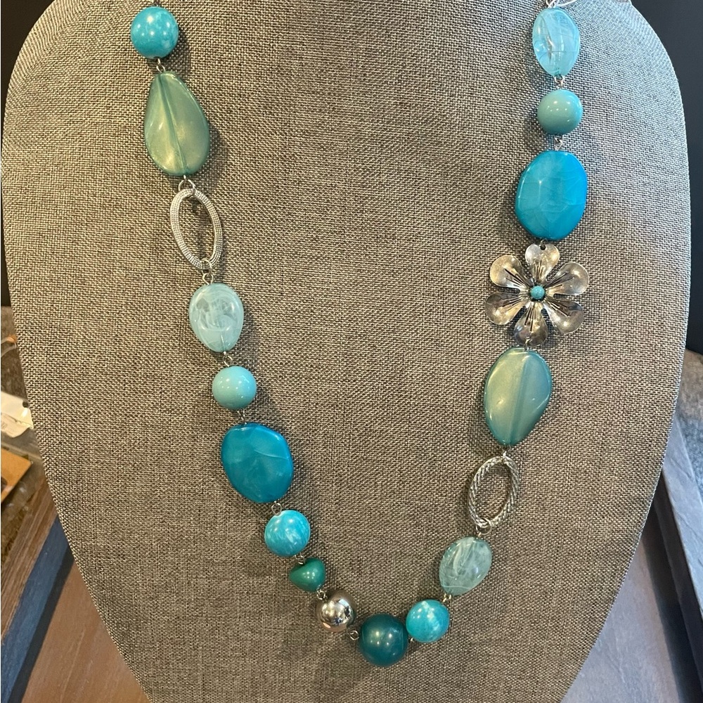 Vintage Necklace Blue Aqua Acrylic Beads Silver Art Beads Caribbean Style